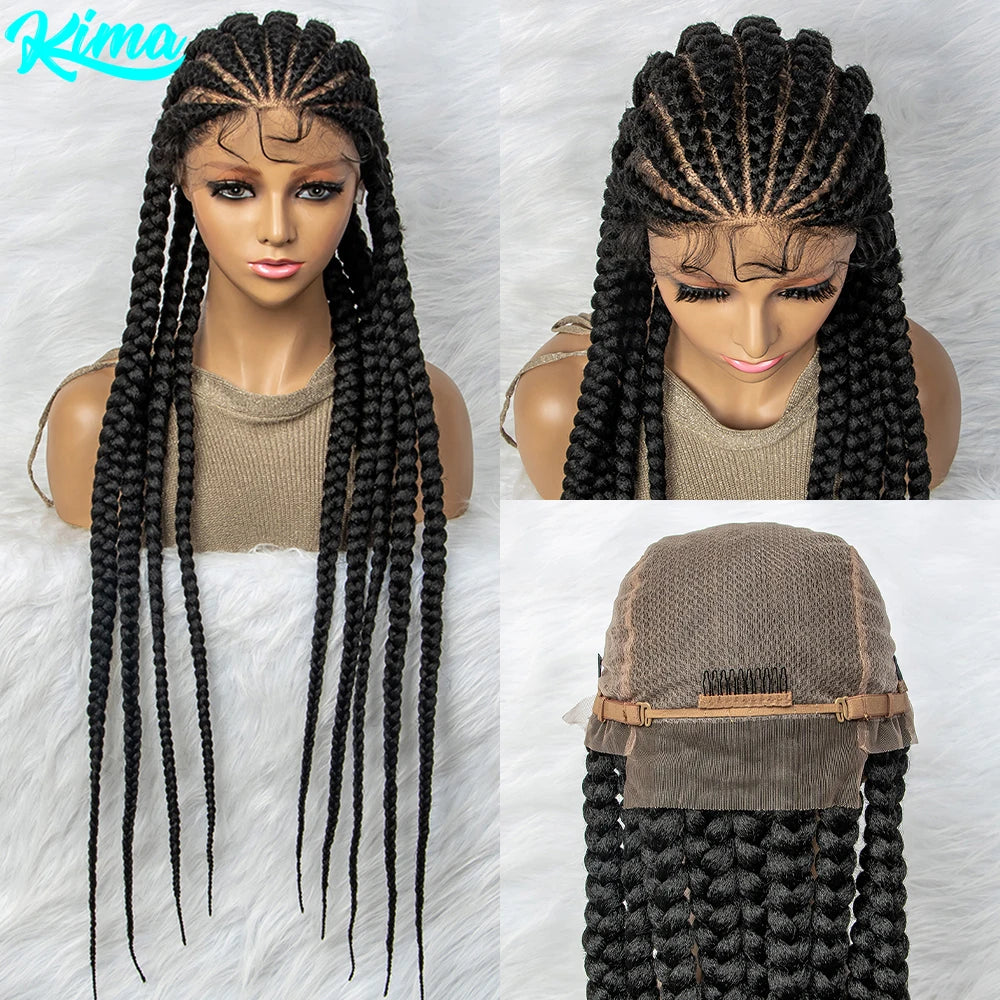 KIMA Synthetic 36 inch Cornrow Braided Wigs Transparent Full Lace Wig Box Braids With Baby Hair for Black Women - Britica's Beauty On The Go