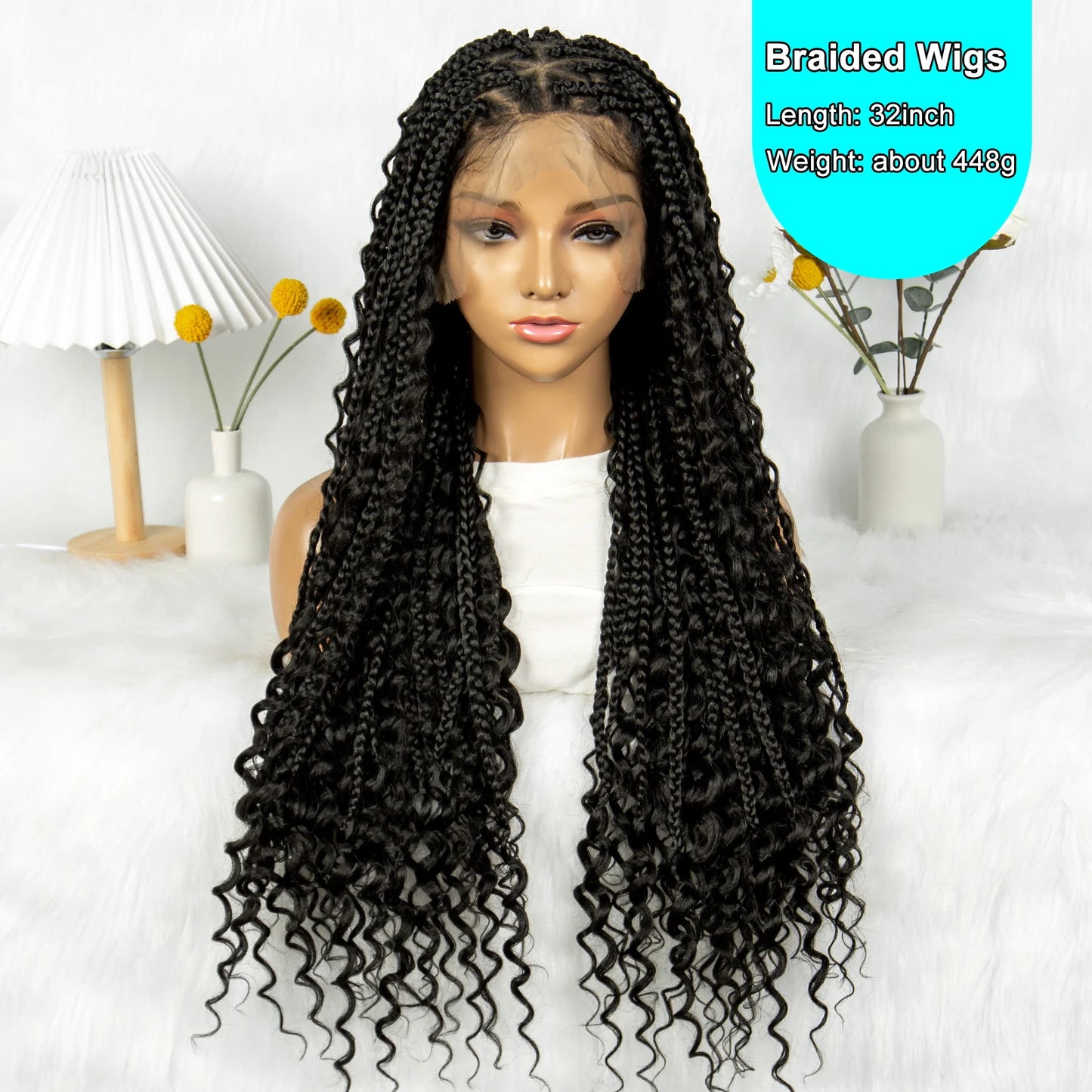 Boho Braided Wig Bohemian Box Braids Wig Synthetic Full Lace Wigs Triangle Goddess Braids Curly End with Baby Hair - Britica's Beauty On The Go