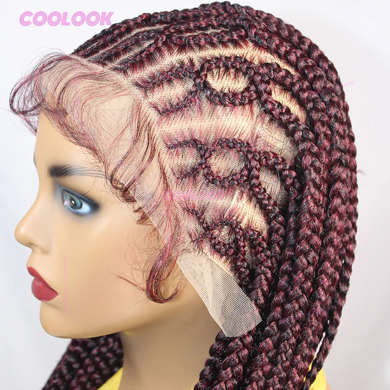 1B Burgundy Cornrow Braids Hair Wigs 36" Knotless Box Braid Wig Full Lace