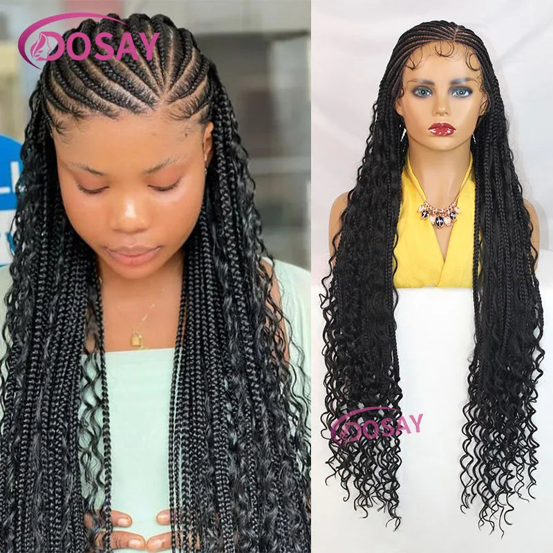 36" Synthetic Full Lace Cornrow Braided Wigs with Baby Hair Box Braids Wigs With Curly Hair Lace Wigs for Women Daily Use - Britica's Beauty On The Go