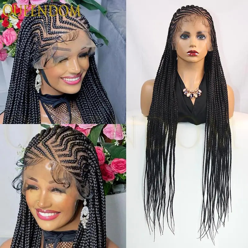 36Inch Side Part Double Lace Front Braided Wigs African Cornrow Knotless Box Full Lace Braid Wigs for Black Women with baby hair - Britica's Beauty On The Go