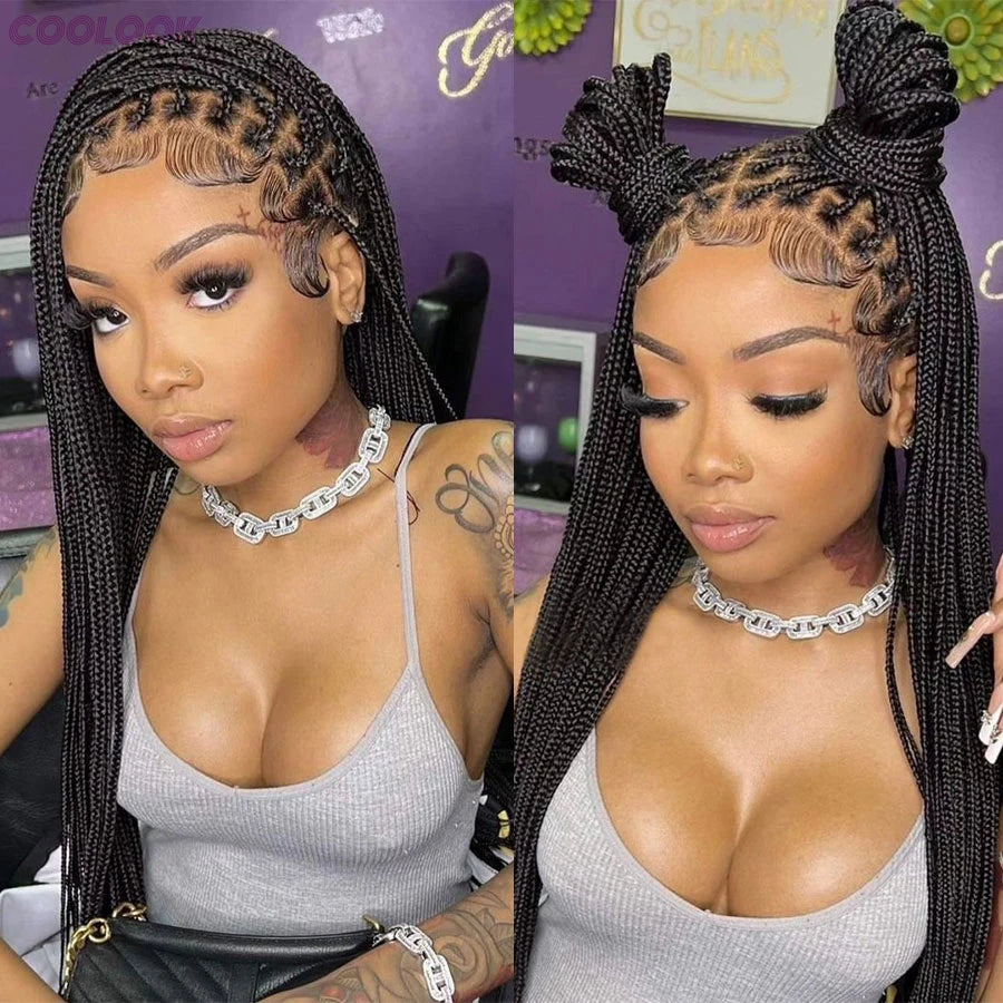 Cornrows Braided Wig Small Square Knotless Box Braids Wigs For Black Women With Baby Hair Synthetic Long 36Inches Braiding Hair - Britica's Beauty On The Go