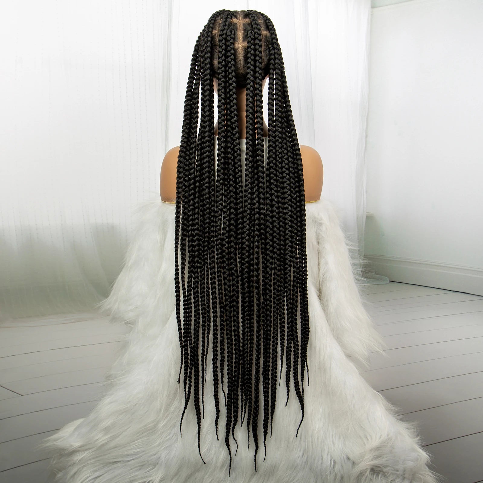 Synthetic Transparent Full Lace Braided Wigs Knotless Box Braids Wig for Black Women 34 inches Synthetic Hair Wig Long Black - Britica's Beauty On The Go