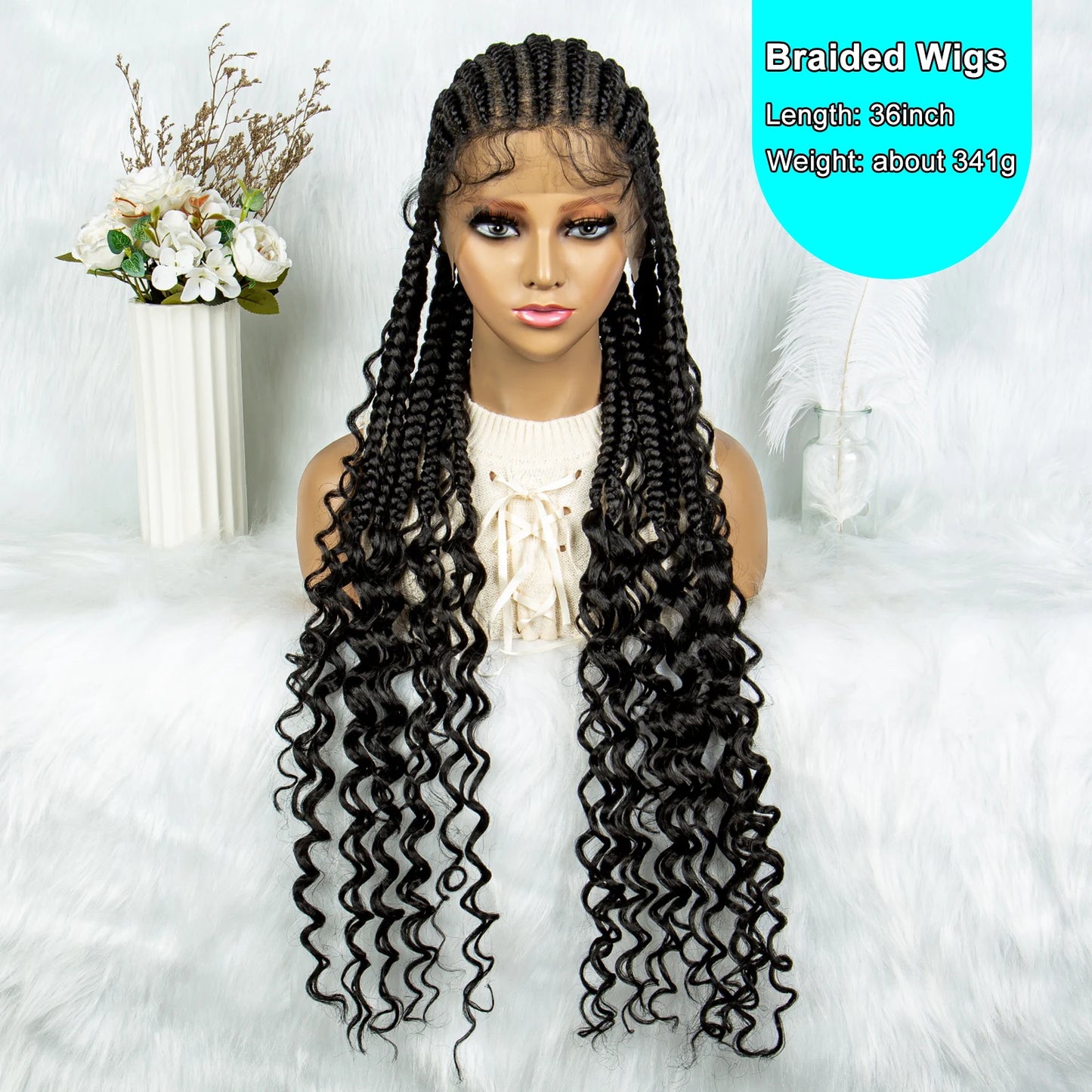 Full Lace Braided Wigs Synthetic Lace Front With Baby Hair ,Water Wavy Ends