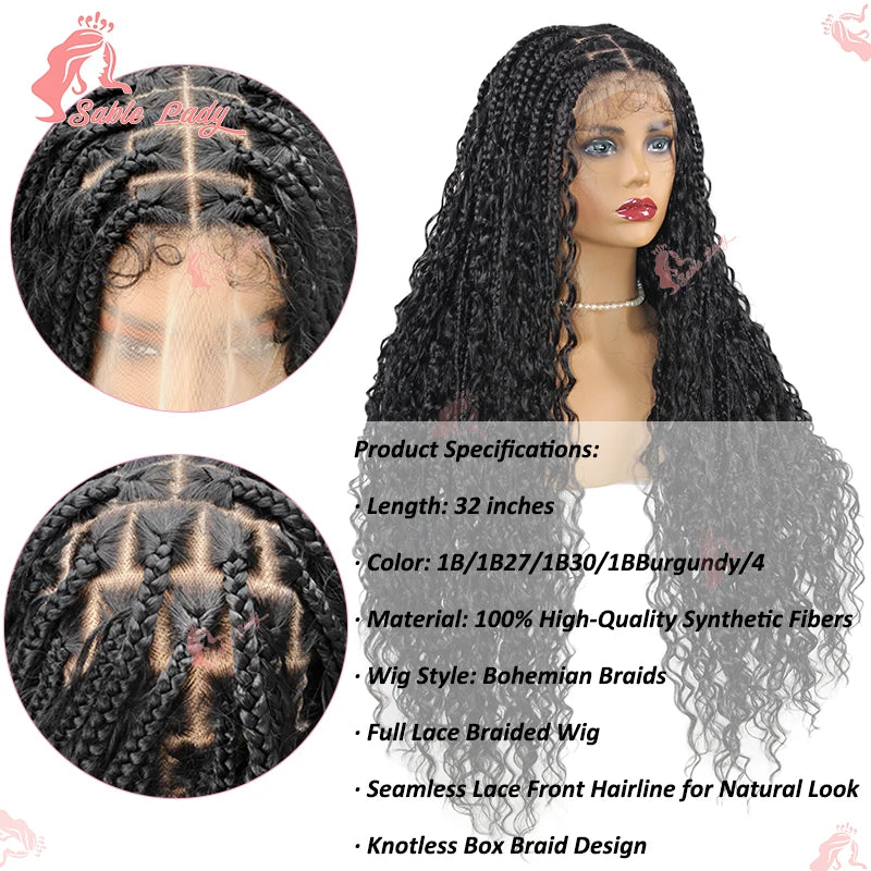 Synthetic Bohemian Goddess Braided Wigs, 32" Full Lace Wig Braid African Knotless Box Braids - Britica's Beauty On The Go