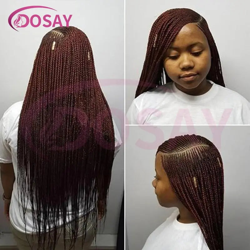 36'' Burgundy Full Lace Braided Wigs Faux Locs for Black Women Synthetic Knotless Cornrow Braid Wig Side Part Wig Box Braids Wig