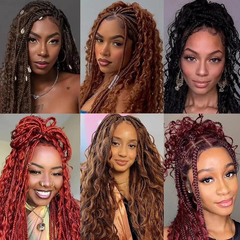 360 Full Lace Wig Knotless Bohemian Braided Curls Ombre Brown Invisible Drawstring Wig Deep Wave Boho Braids Brazilian HD Lace Unit - Britica's Beauty On The Go