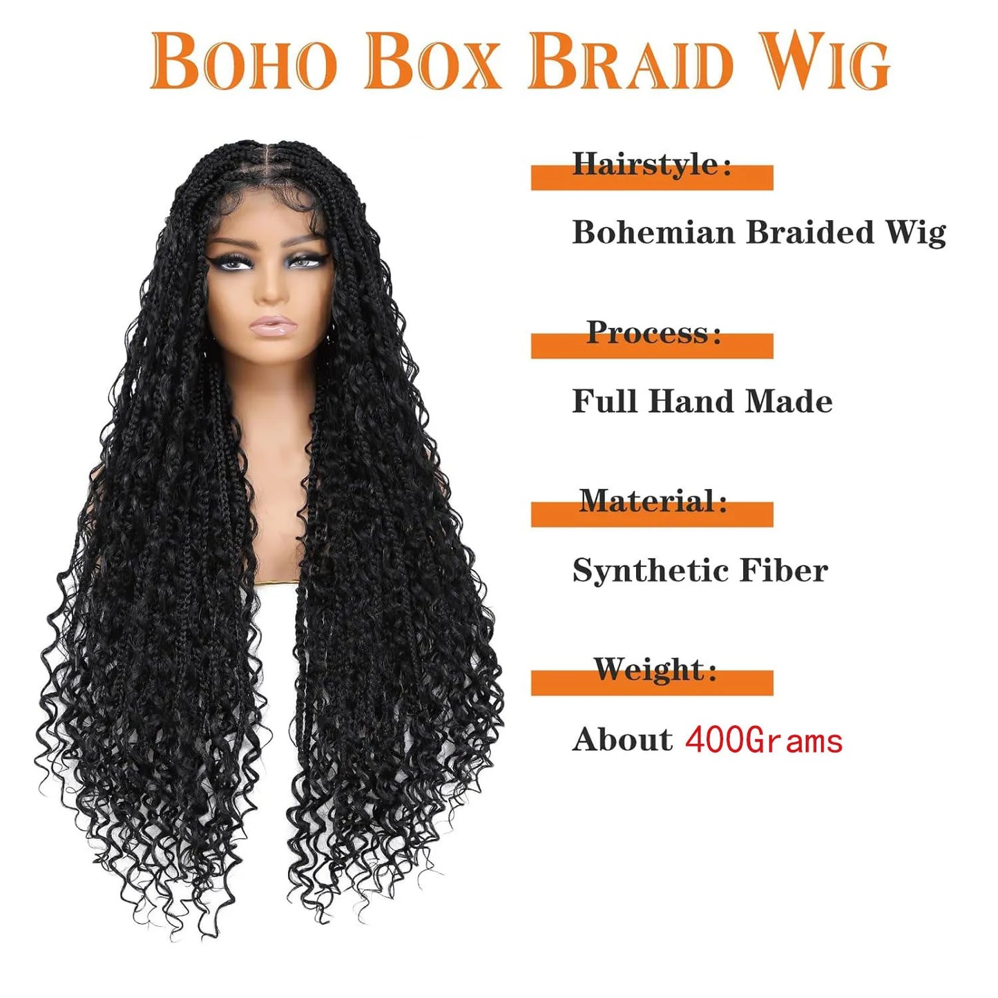 Long Bohemian Braided Wigs Boho Box Braid Wigs, Twisted Braids Full Lace Braided Wigs with Baby Hair