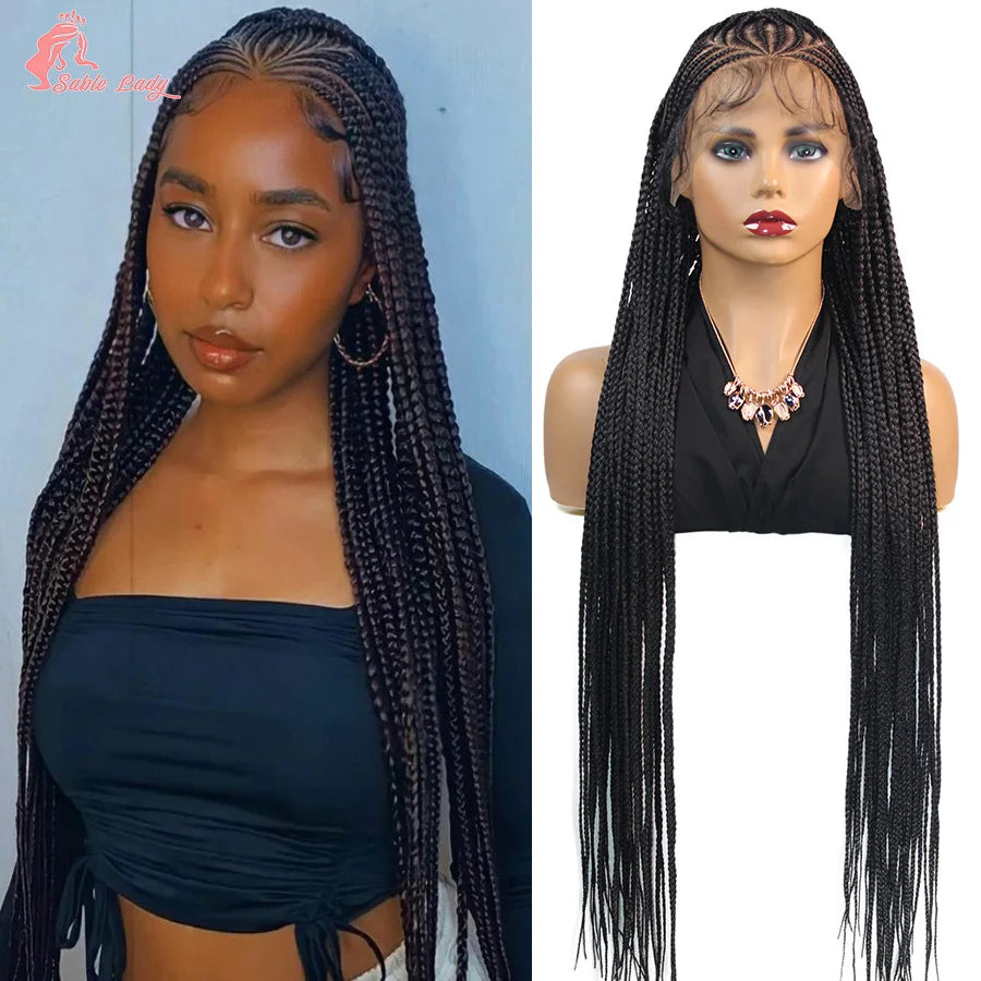 36Inch Knotless Box Braided Wigs Synthetic Full Lace Cornrows Braids Wig With Baby Hair Goddess Fulani Braiding Wigs Black Women - Britica's Beauty On The Go