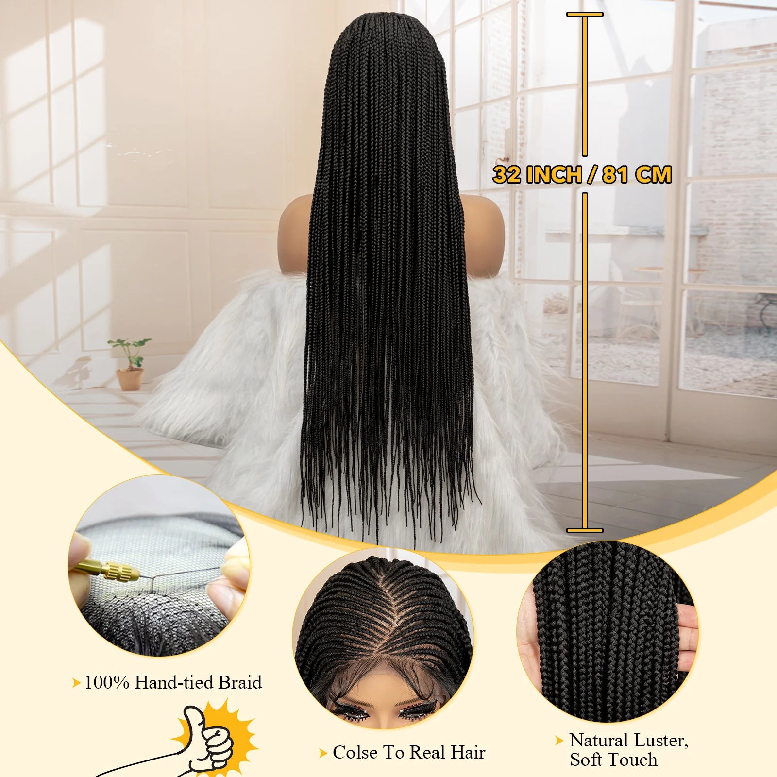 32 Inches African Hair Wigs Synthetic Cornrow Braided Wig 360 Full Lace Square Knotless Box Braiding Wig - Britica's Beauty On The Go