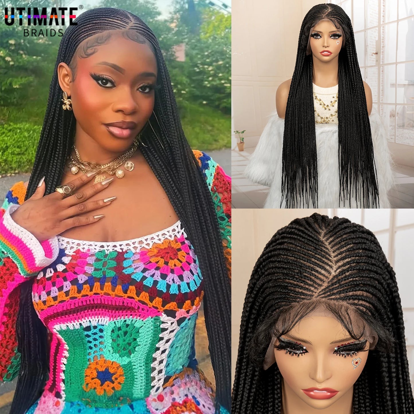 32 Inches African Hair Wigs Synthetic Cornrow Braided Wig 360 Full Lace Square Knotless Box Braiding Wig - Britica's Beauty On The Go
