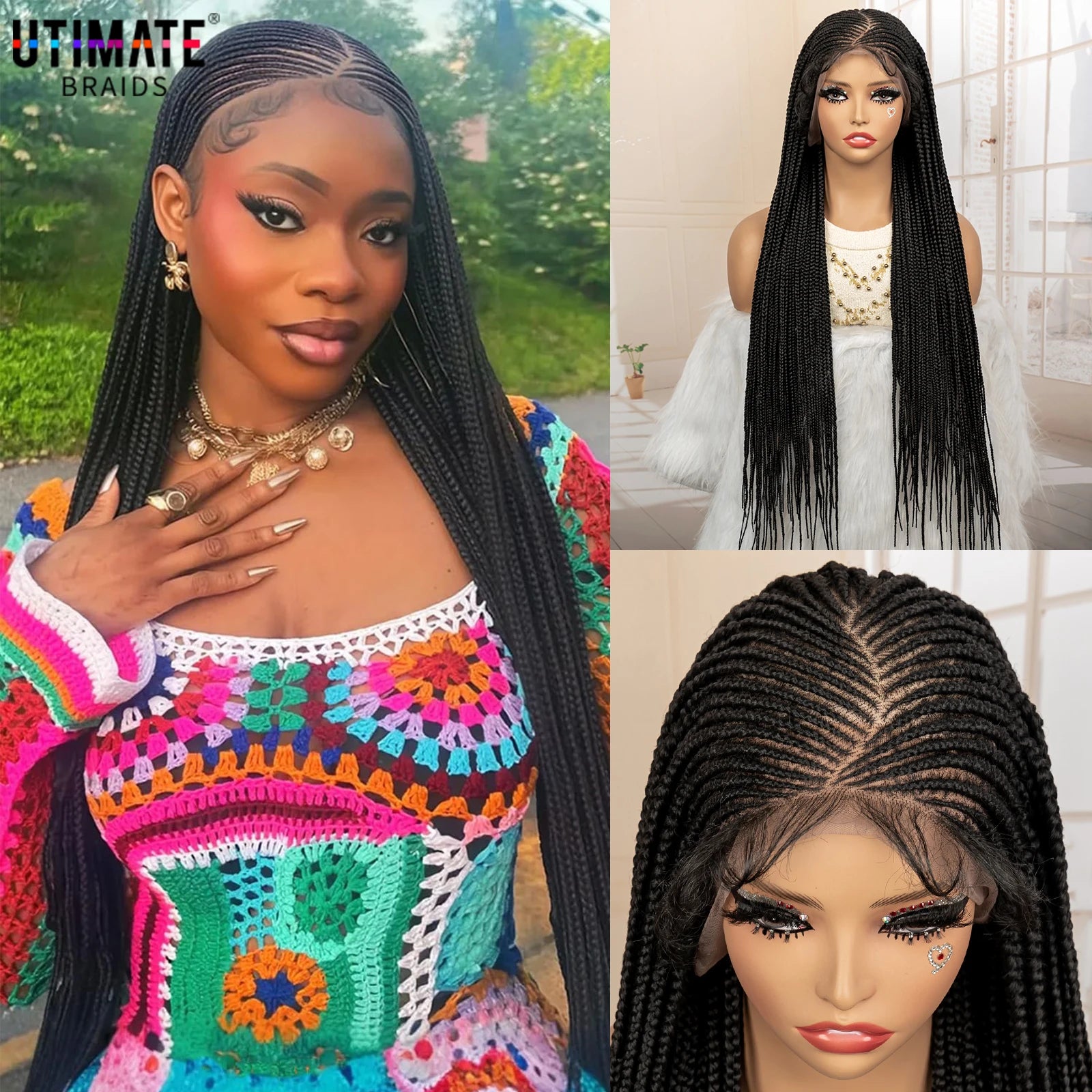 32 Inches African Hair Wigs Synthetic Cornrow Braided Wig 360 Full Lace Square Knotless Box Braiding Wig - Britica's Beauty On The Go