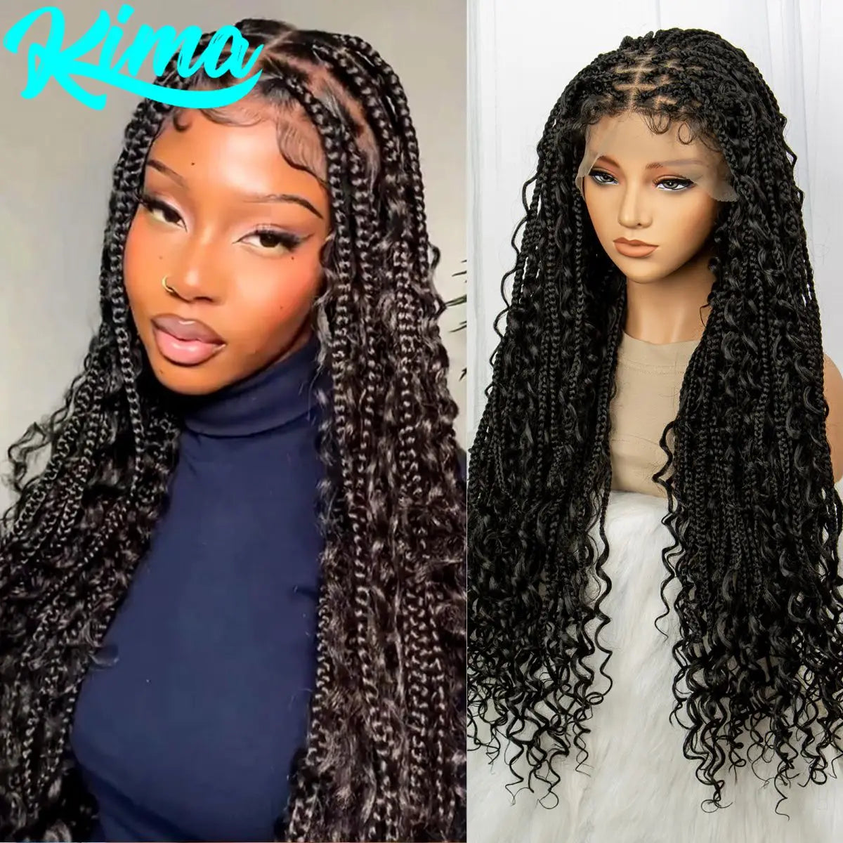 32inch Synthetic Knotless Box Braided Wigs Bohemian Boho Braids Wigs Lace Front Braided Lace Wigs with Baby Hair - Britica's Beauty On The Go