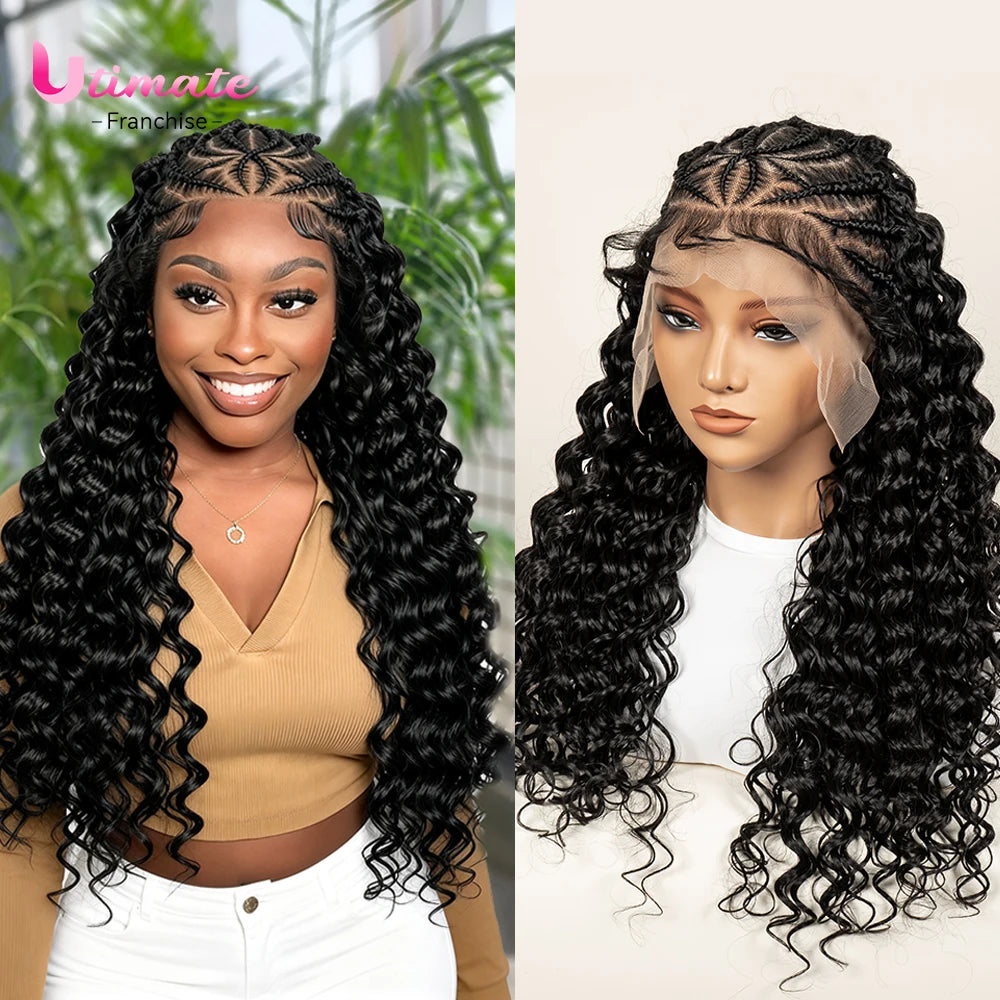 Deep Wave Full Lace Braided Hair Wigs With Baby Hair For Women Braiding Half Cornrow Synthetic Hair wig Pre Styled Braid Wigs - Britica's Beauty On The Go