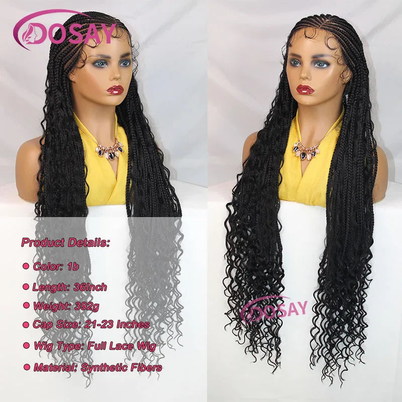 36" Synthetic Full Lace Cornrow Braided Wigs with Baby Hair Box Braids Wigs With Curly Hair Lace Wigs for Women Daily Use - Britica's Beauty On The Go