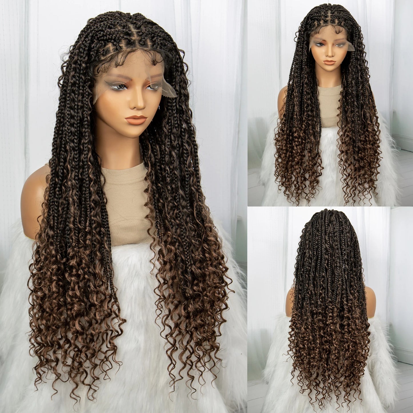 32inch Synthetic Knotless Box Braided Wigs Bohemian Boho Braids Wigs Lace Front Braided Lace Wigs with Baby Hair - Britica's Beauty On The Go