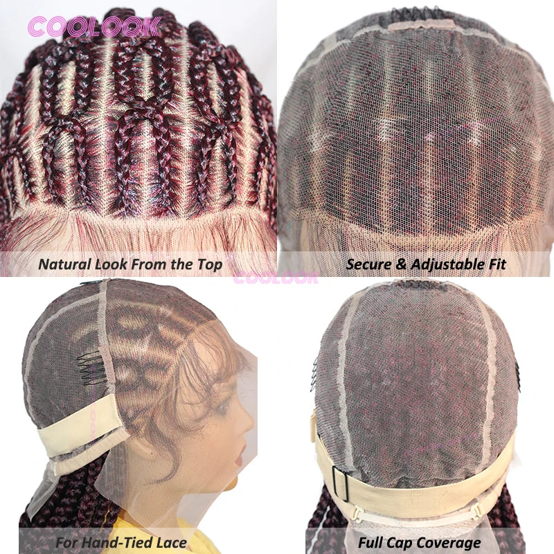 1B Burgundy Cornrow Braids Hair Wigs 36" Knotless Box Braid Wig Full Lace