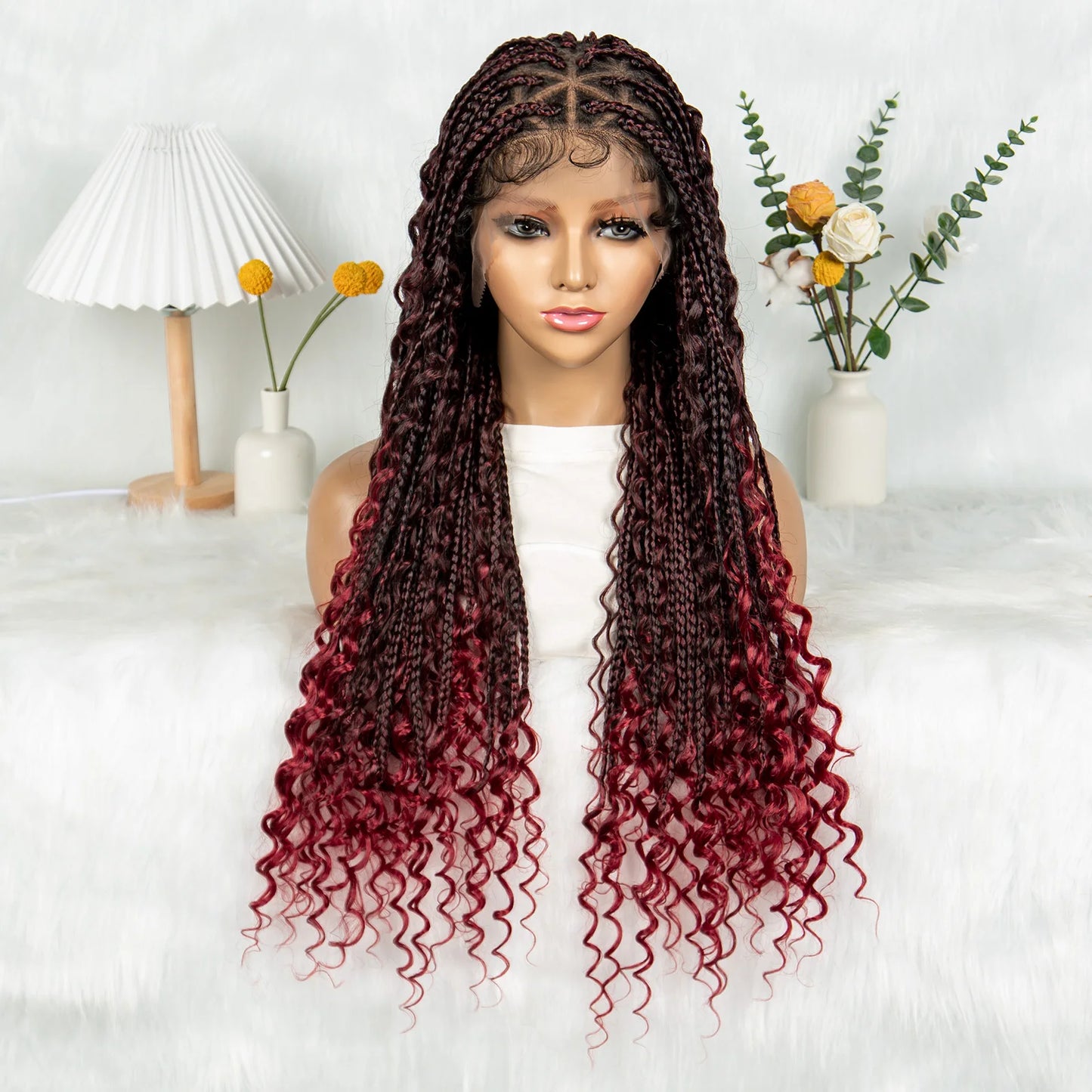 Boho Braided Wig Bohemian Box Braids Wig Synthetic Full Lace Wigs Triangle Goddess Braids Curly End with Baby Hair - Britica's Beauty On The Go