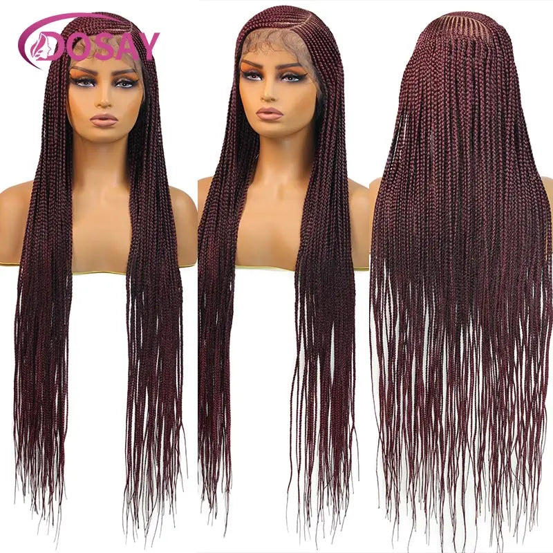 36'' Burgundy Full Lace Braided Wigs Faux Locs for Black Women Synthetic Knotless Cornrow Braid Wig Side Part Wig Box Braids Wig