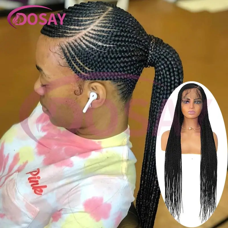 36'' Burgundy Full Lace Braided Wigs Faux Locs for Black Women Synthetic Knotless Cornrow Braid Wig Side Part Wig Box Braids Wig