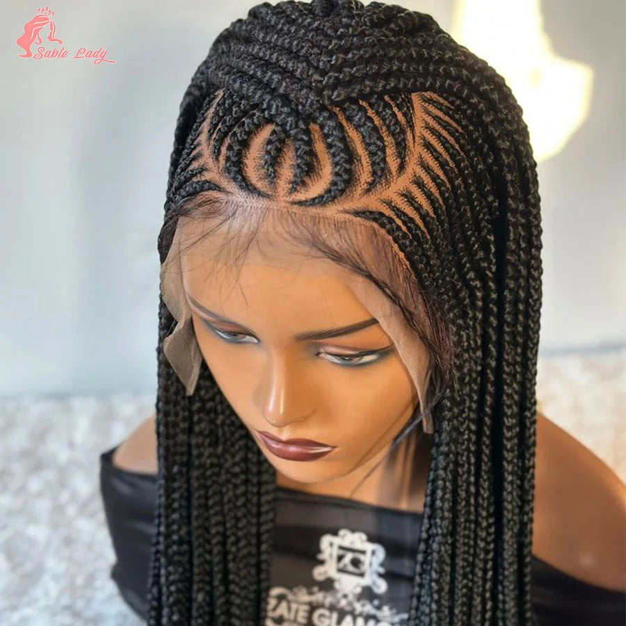 36Inch Knotless Box Braided Wigs Synthetic Full Lace Cornrows Braids Wig With Baby Hair Goddess Fulani Braiding Wigs Black Women - Britica's Beauty On The Go