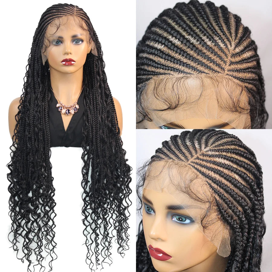 36Inch Knotless Box Braided Wigs Synthetic Full Lace Cornrows Braids Wig With Baby Hair Goddess Fulani Braiding Wigs Black Women - Britica's Beauty On The Go