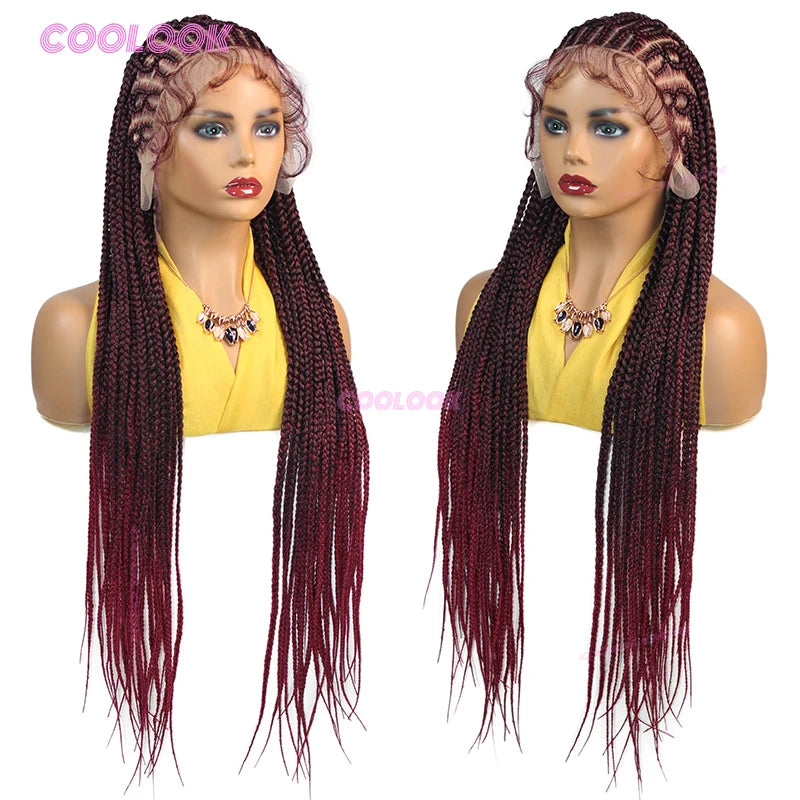 1B Burgundy Cornrow Braids Hair Wigs 36" Knotless Box Braid Wig Full Lace