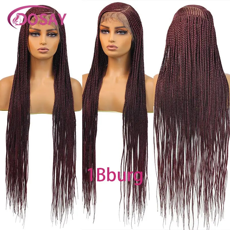36'' Burgundy Full Lace Braided Wigs Faux Locs for Black Women Synthetic Knotless Cornrow Braid Wig Side Part Wig Box Braids Wig