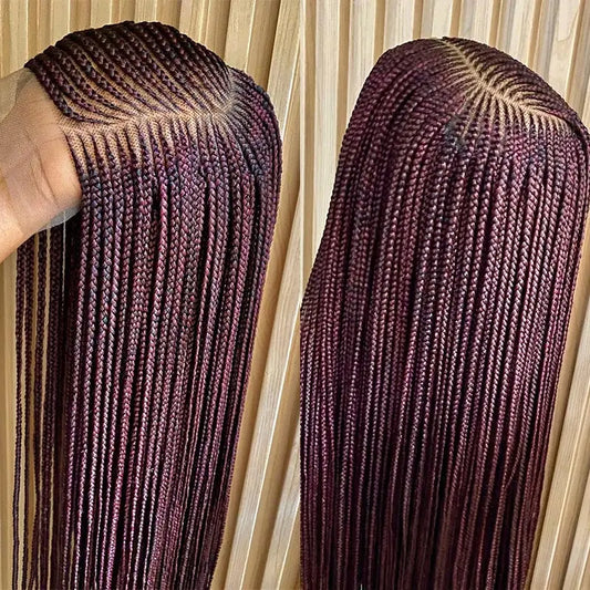 36'' Burgundy Full Lace Braided Wigs Faux Locs for Black Women Synthetic Knotless Cornrow Braid Wig Side Part Wig Box Braids Wig