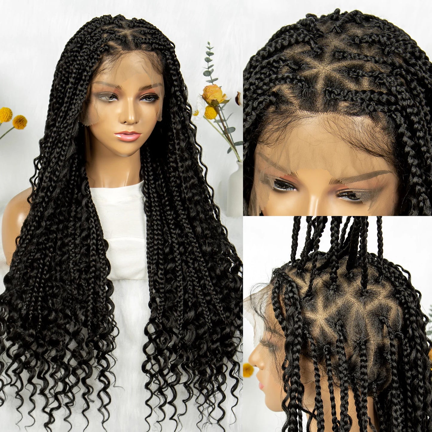 Boho Braided Wig Bohemian Box Braids Wig Synthetic Full Lace Wigs Triangle Goddess Braids Curly End with Baby Hair - Britica's Beauty On The Go