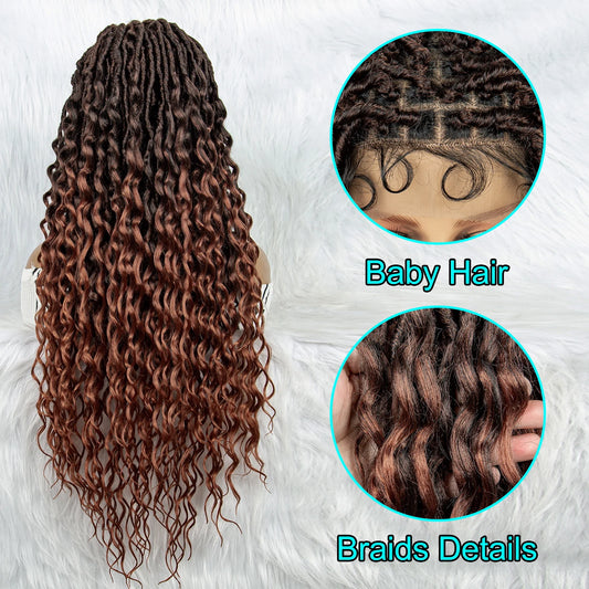 Synthetic Full Lace Wig Braided Wigs, 28 Inches Braiding Hair Knotless Box Braids Wigs With Water Wave
