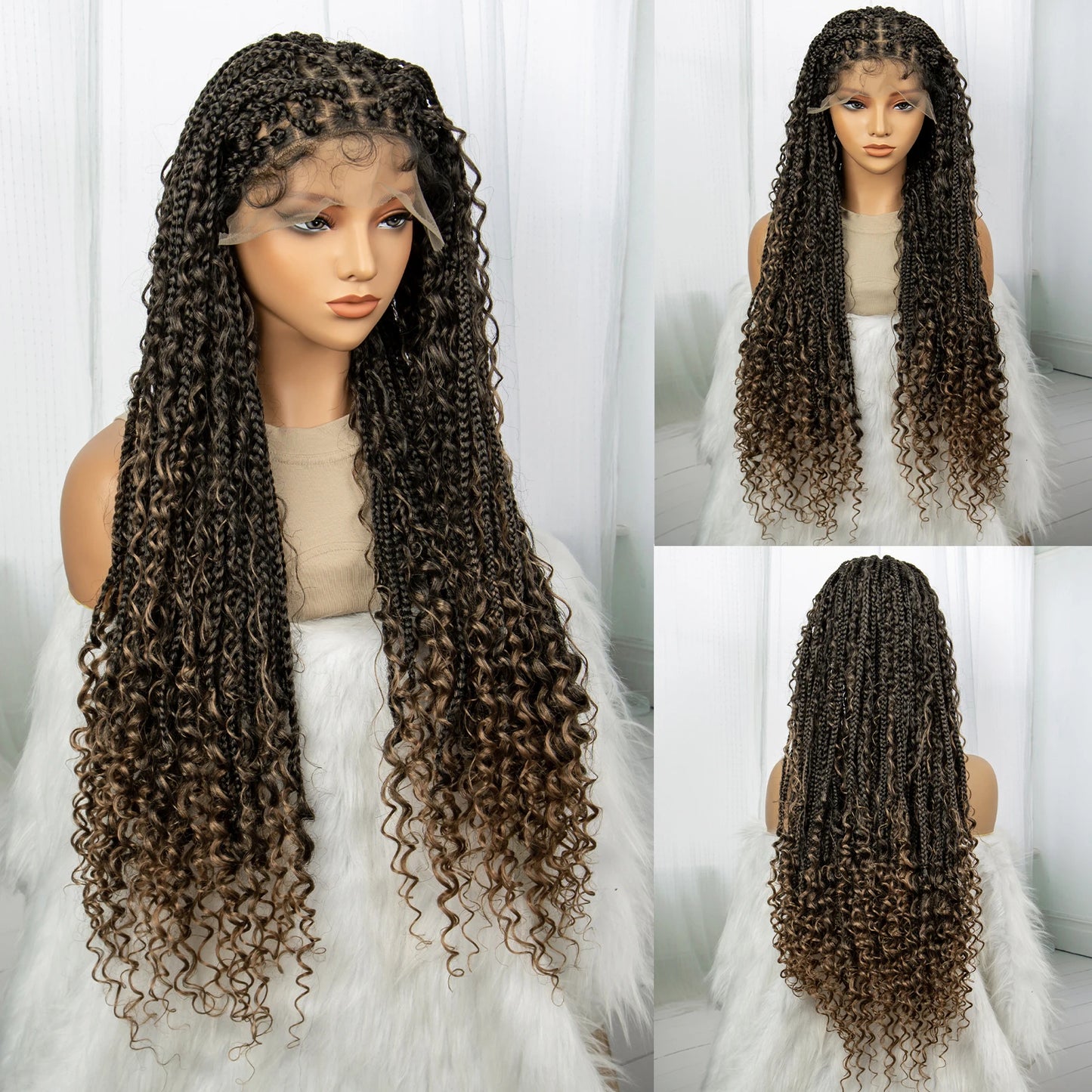 32inch Synthetic Knotless Box Braided Wigs Bohemian Boho Braids Wigs Lace Front Braided Lace Wigs with Baby Hair - Britica's Beauty On The Go