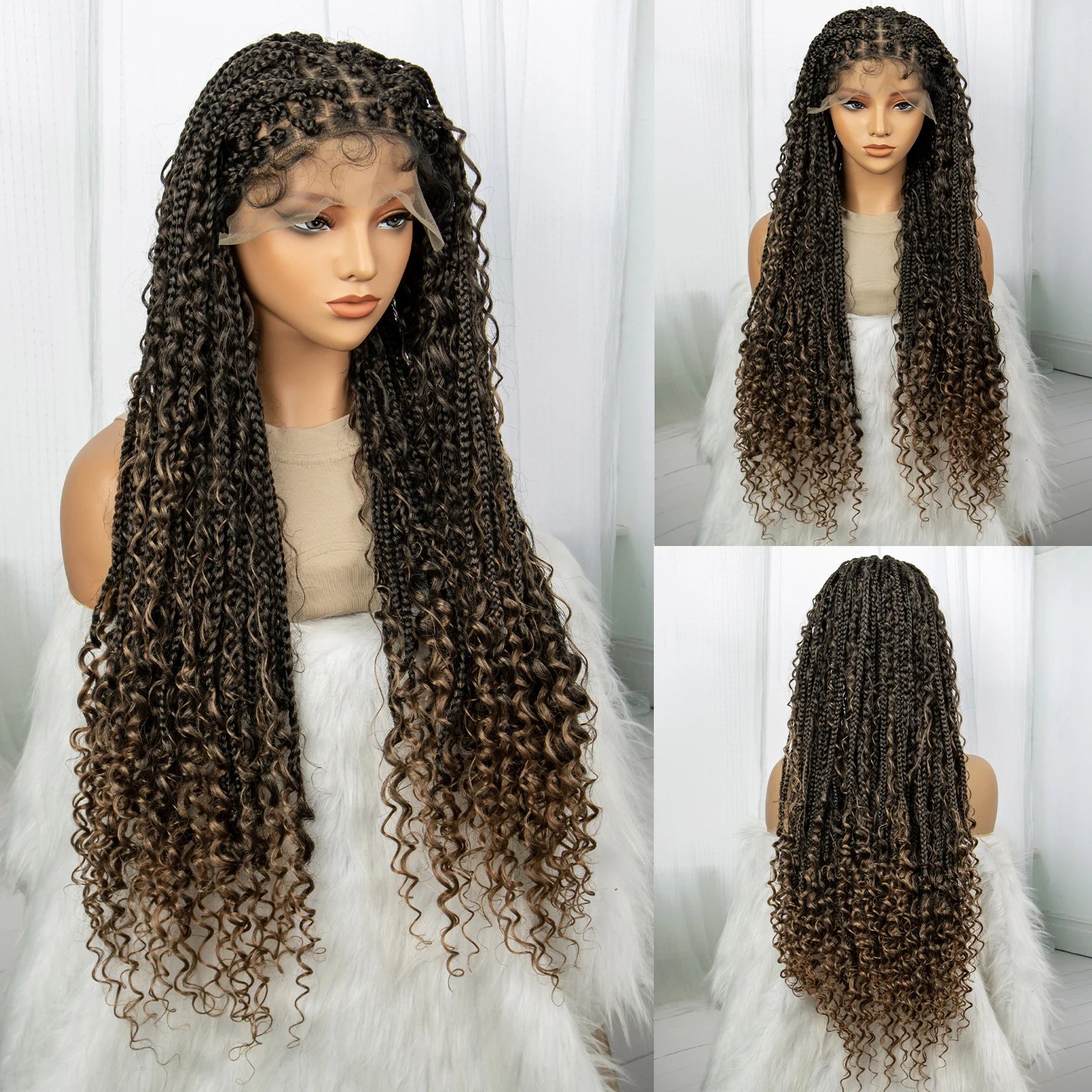 32inch Synthetic Knotless Box Braided Wigs Bohemian Boho Braids Wigs Lace Front Braided Lace Wigs with Baby Hair - Britica's Beauty On The Go