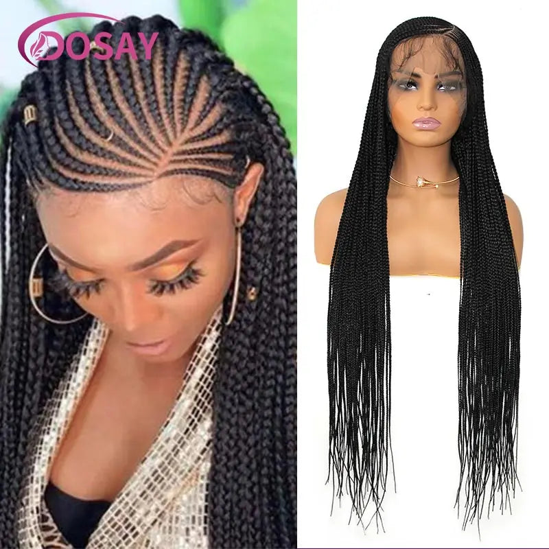 36'' Burgundy Full Lace Braided Wigs Faux Locs for Black Women Synthetic Knotless Cornrow Braid Wig Side Part Wig Box Braids Wig