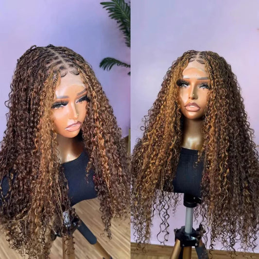 Flexi-fit Full Lace Knotless Bohemian Braided Curls Ombre Brown Invisible Drawstring 30Inch Brown Curly Unit - Britica's Beauty On The Go