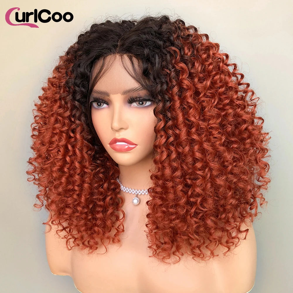 CurlyCoo Synthetic Curly Lace Front, Short Kinky Curly Bob Wig Ombre Natural Water Wave - Britica's Beauty On The Go