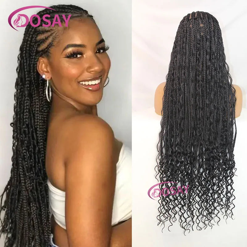 36" Synthetic Full Lace Cornrow Braided Wigs with Baby Hair Box Braids Wigs With Curly Hair Lace Wigs for Women Daily Use - Britica's Beauty On The Go