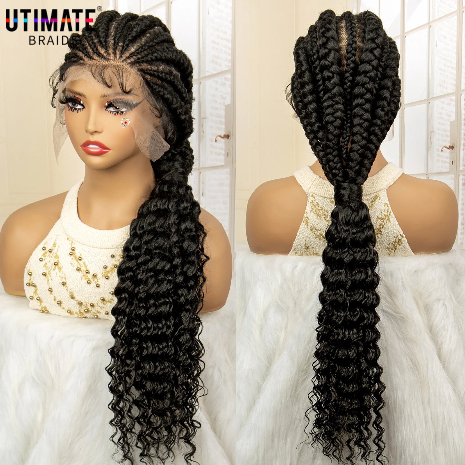 30 inches Synthetic Braided Wig with Ponytail Full Lace Cornrow Box Braids Wig with Curly Wavy Braiding Wigs - Britica's Beauty On The Go
