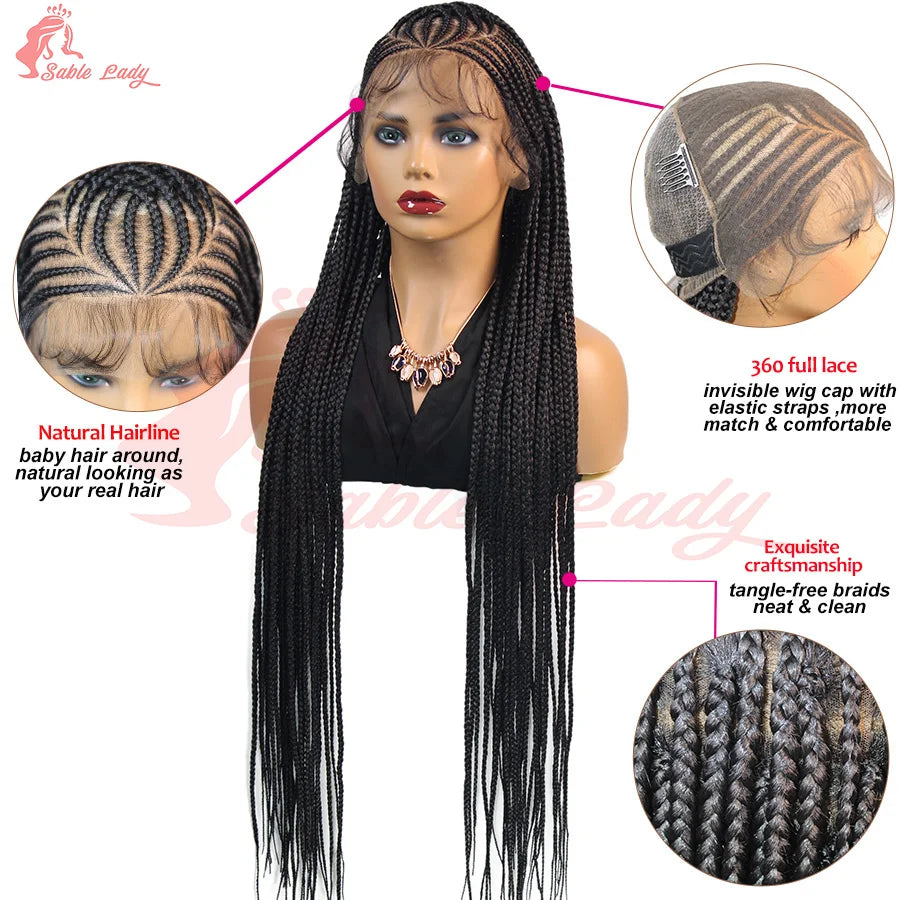 36Inch Knotless Box Braided Wigs Synthetic Full Lace Cornrows Braids Wig With Baby Hair Goddess Fulani Braiding Wigs Black Women - Britica's Beauty On The Go