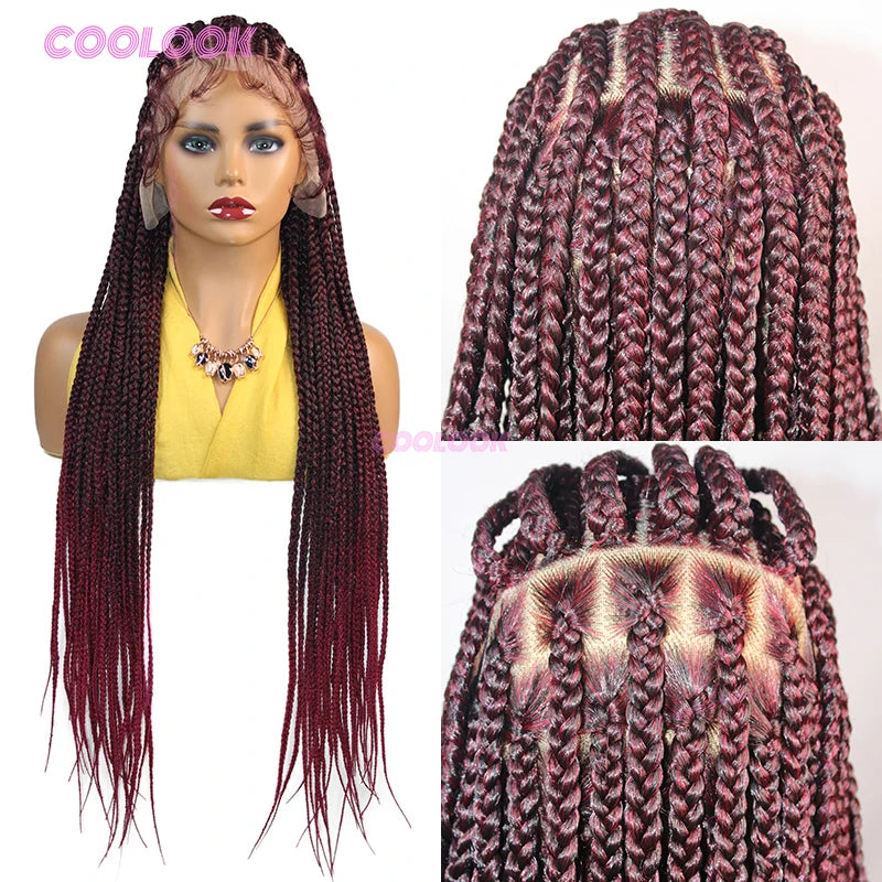1B Burgundy Cornrow Braids Hair Wigs 36" Knotless Box Braid Wig Full Lace