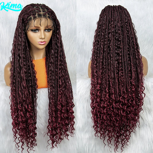 Boho Braids Hair Sytle 9x6 Lace Frontal Wigs Braided Wigs With Baby Hair Synthetic Box Braiding Wigs with Curly Hair For Women