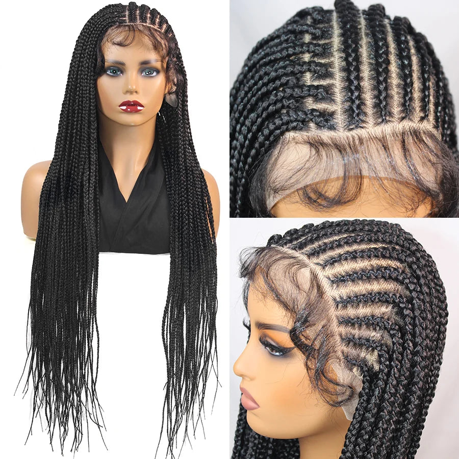 36Inch Knotless Box Braided Wigs Synthetic Full Lace Cornrows Braids Wig With Baby Hair Goddess Fulani Braiding Wigs Black Women - Britica's Beauty On The Go