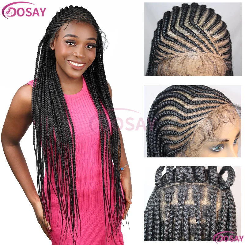 36Inch Long Straight Full Lace Front Wigs for Black Women Synthetic Box Cornrow Knotless Black Wig - Britica's Beauty On The Go