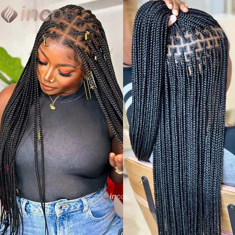 36" Side Part Cornrow Braided Wigs Synthetic Full Lace Wig Knotless Box Braided Unit - Britica's Beauty On The Go