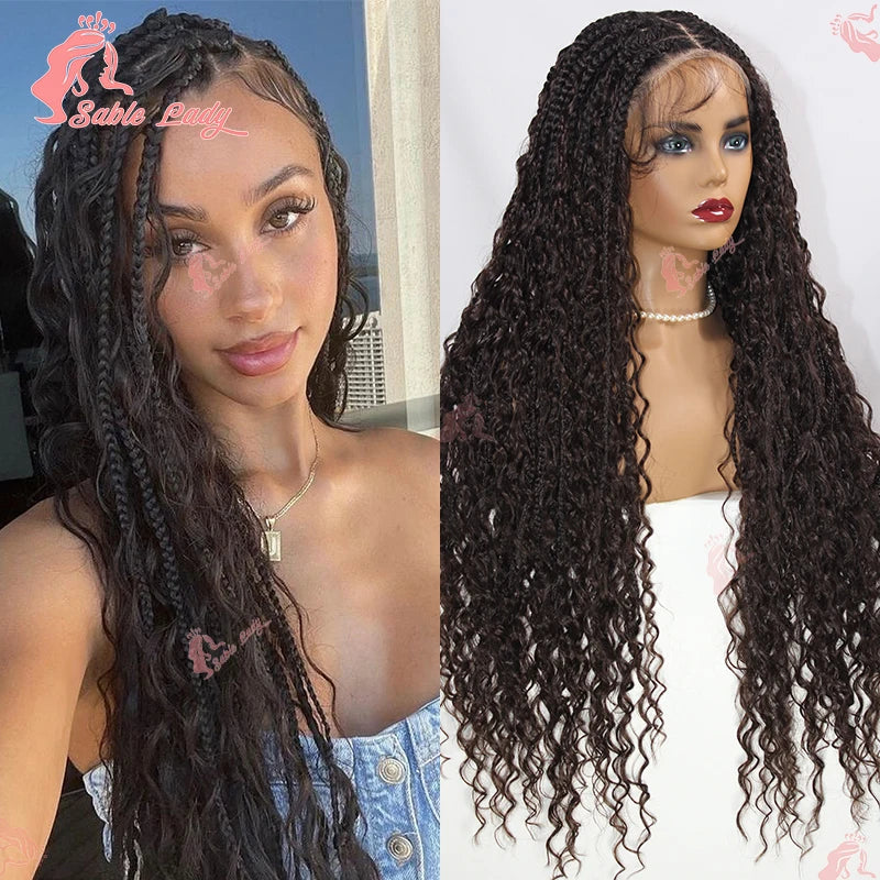 Synthetic Bohemian Goddess Braided Wigs, 32" Full Lace Wig Braid African Knotless Box Braids - Britica's Beauty On The Go