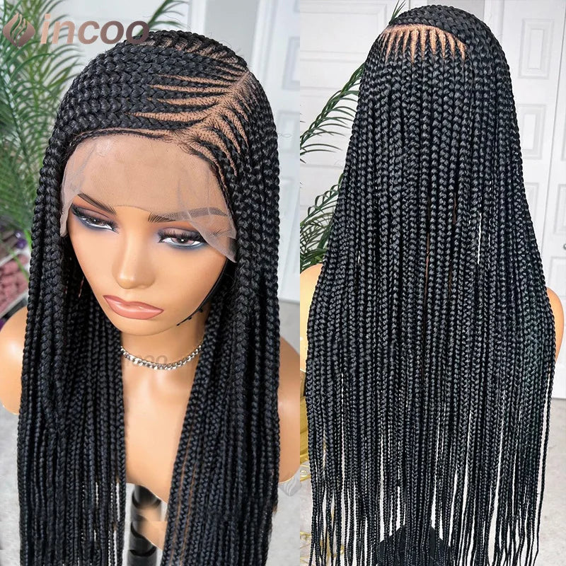 36" Side Part Cornrow Braided Wigs Synthetic Full Lace Wig Knotless Box Braided Unit - Britica's Beauty On The Go