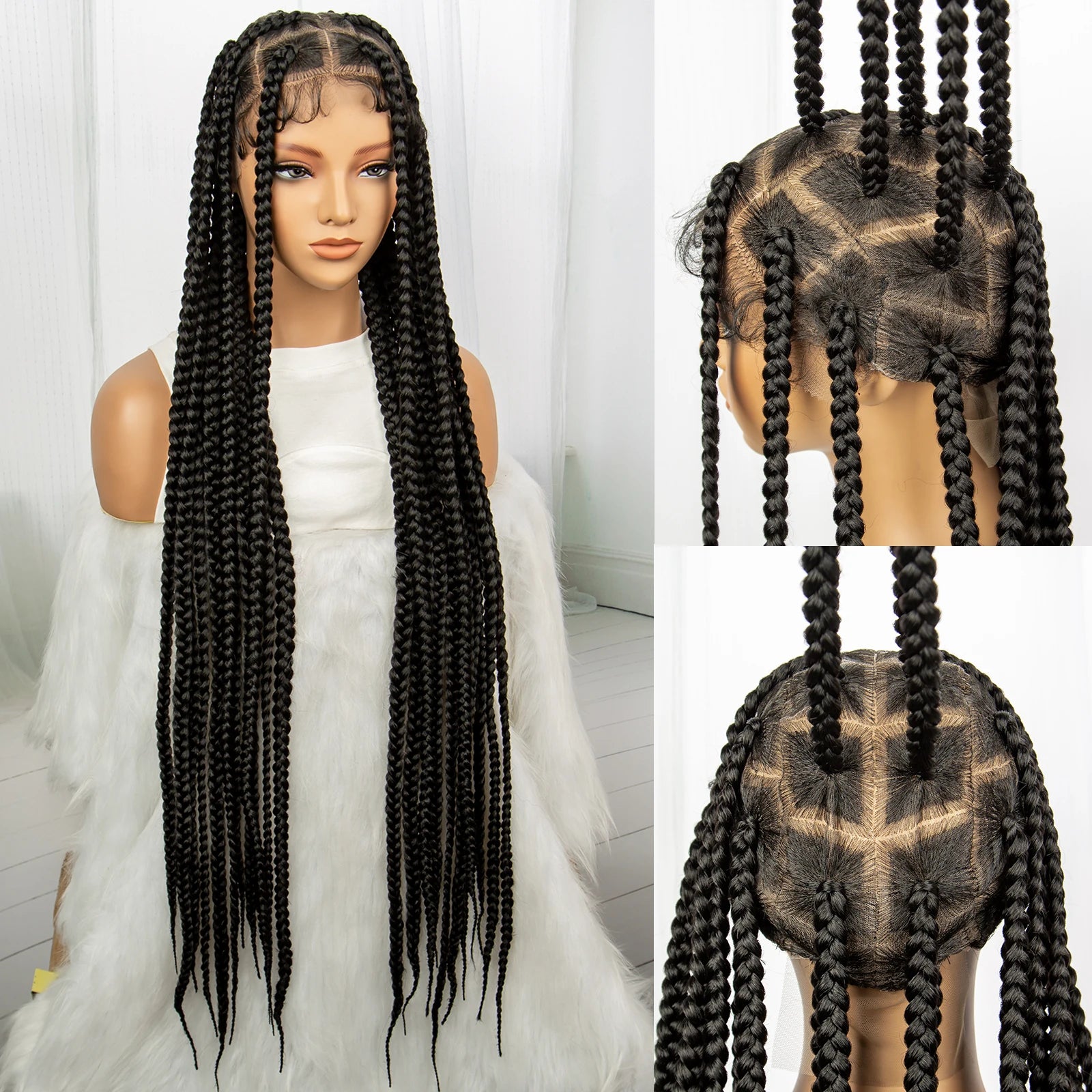 Synthetic Transparent Full Lace Braided Wigs Knotless Box Braids Wig for Black Women 34 inches Synthetic Hair Wig Long Black - Britica's Beauty On The Go