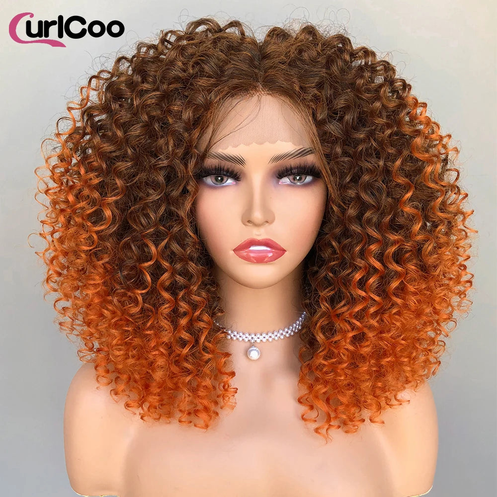 CurlyCoo Synthetic Curly Lace Front, Short Kinky Curly Bob Wig Ombre Natural Water Wave - Britica's Beauty On The Go