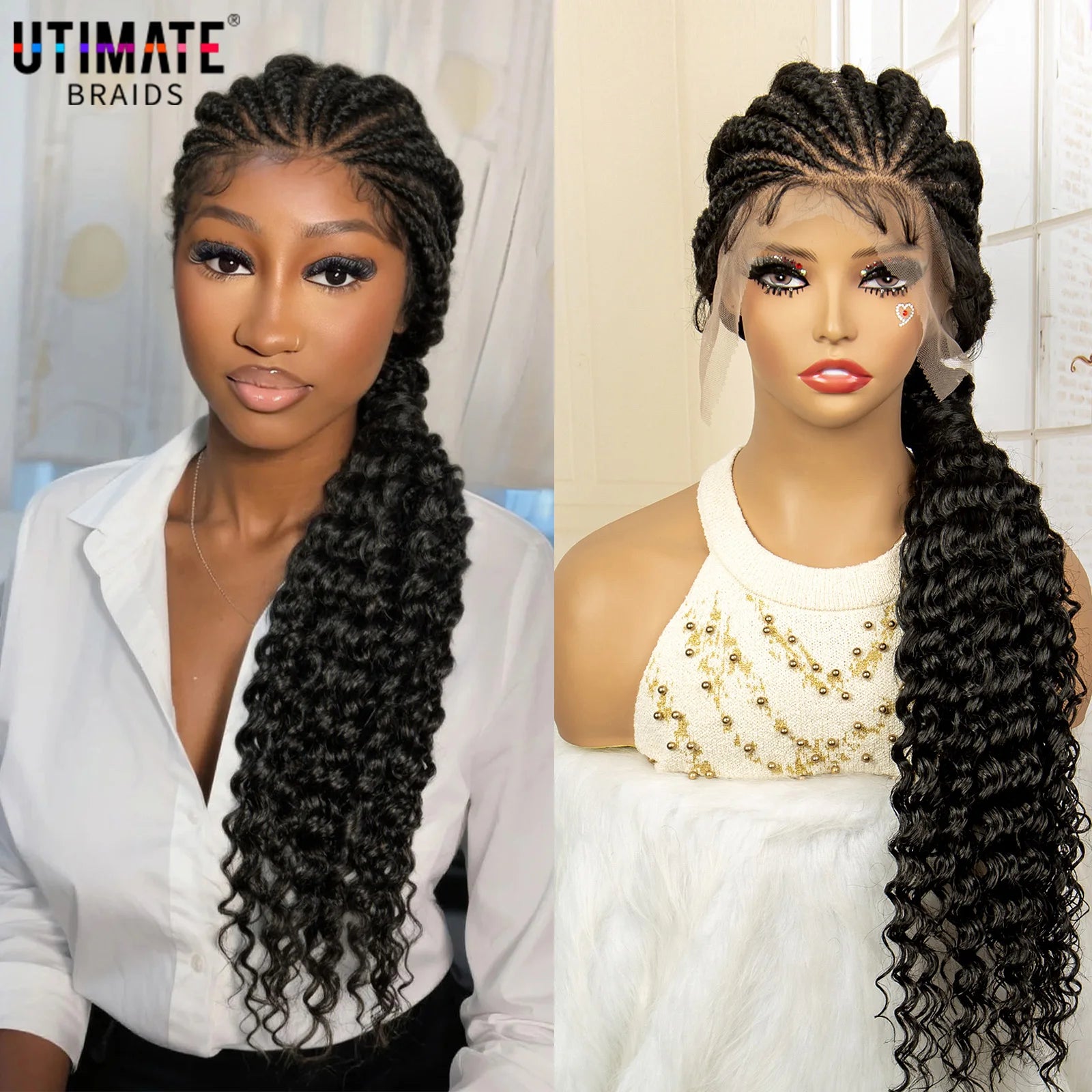 30 inches Synthetic Braided Wig with Ponytail Full Lace Cornrow Box Braids Wig with Curly Wavy Braiding Wigs - Britica's Beauty On The Go