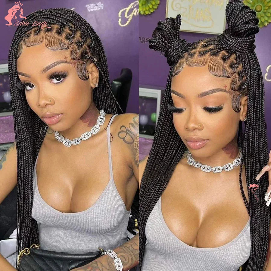 Full Lace Synthetic Afro Cornrow Braided Wigs Knotless Box Braids Wig For Black Women 36 Inches Goddess Handmade Braiding Wig - Britica's Beauty On The Go